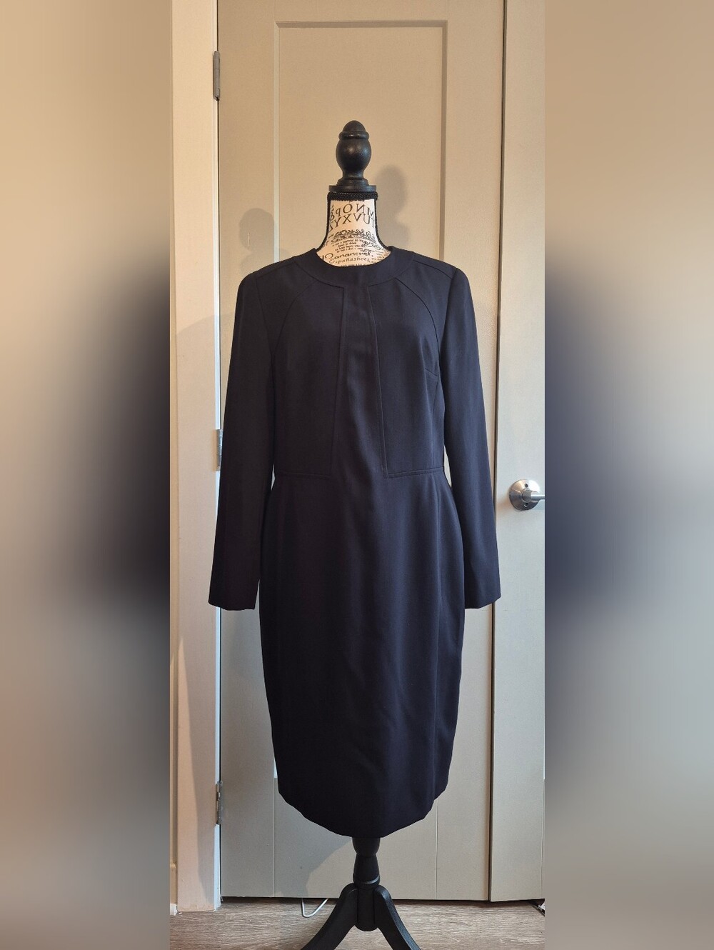 Louis Feraud Womens Long Sleeve Crew Neck Sheath Dress Lined Blue Wool Size 10